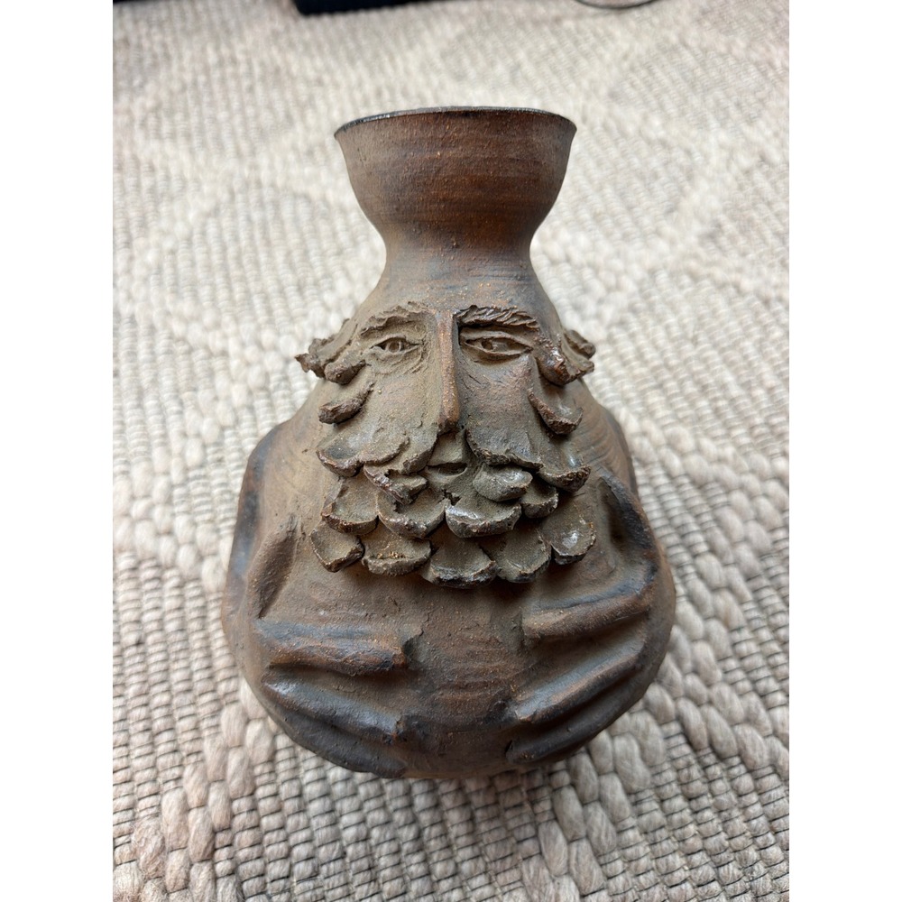 Vintage Signed Studio Pottery Face Vase Folk Art Bearded Man Stoneware Sculpture